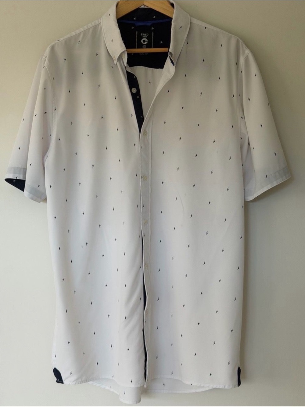 F&F White Short-Sleeve Button-Down Shirt with Navy Micro Motif